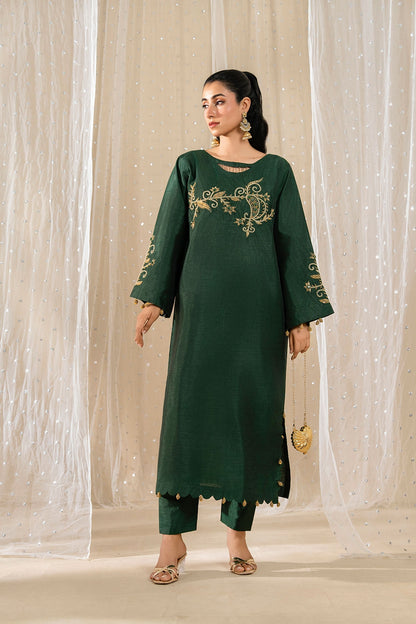 Hina Emerald Fit | Elegant Katan Silk 2Pc Ready-to-Wear Outfit