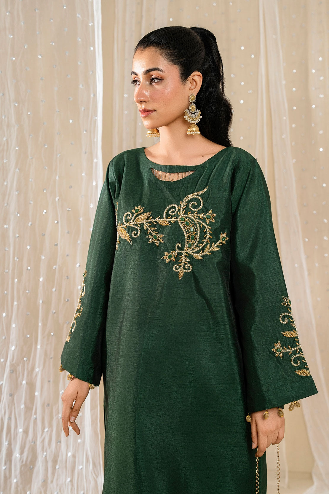 Hina Emerald Fit | Elegant Katan Silk 2Pc Ready-to-Wear Outfit