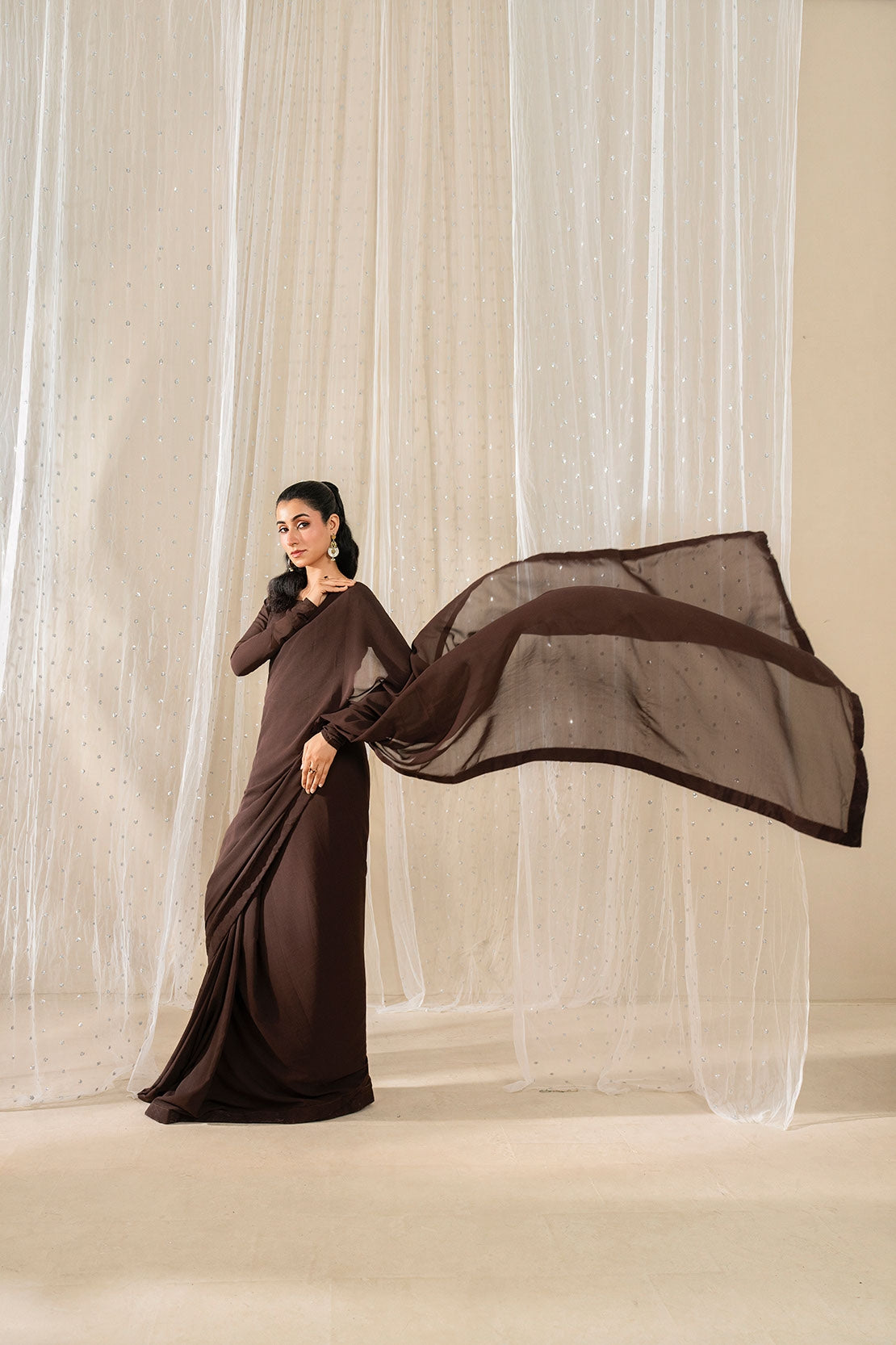 Midnight Veil 🤎 | Brown Edition Saree