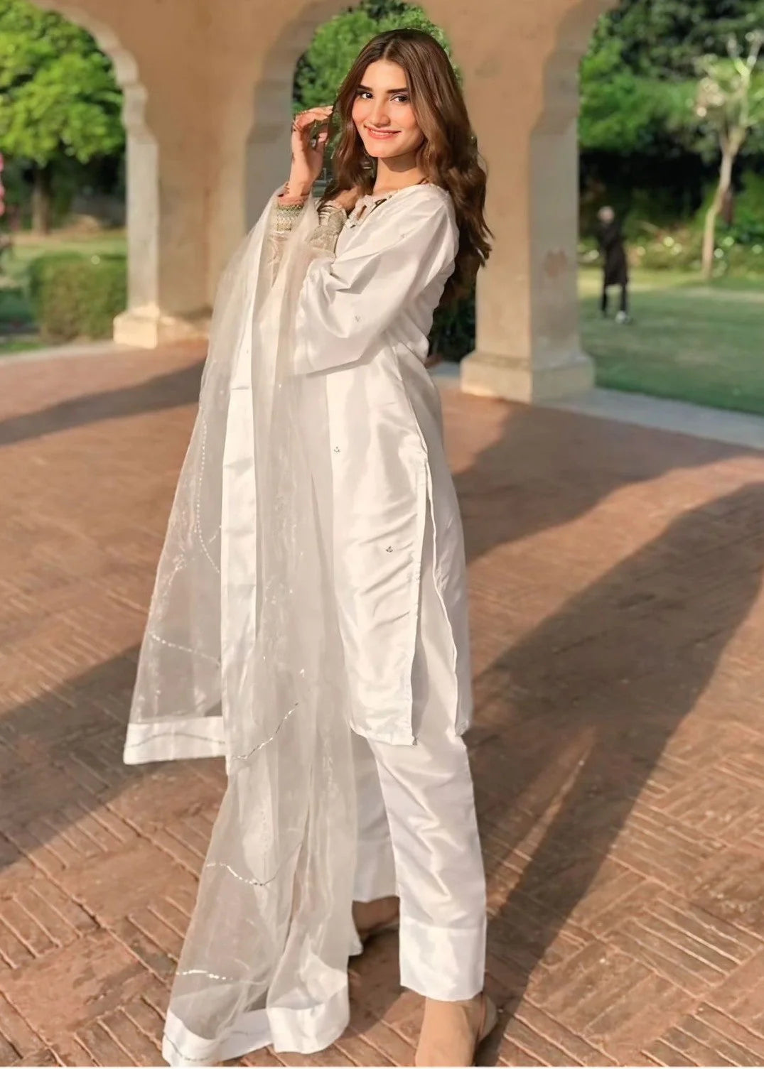 Bulbul White Embroidered Katan Silk 3-Piece Suit