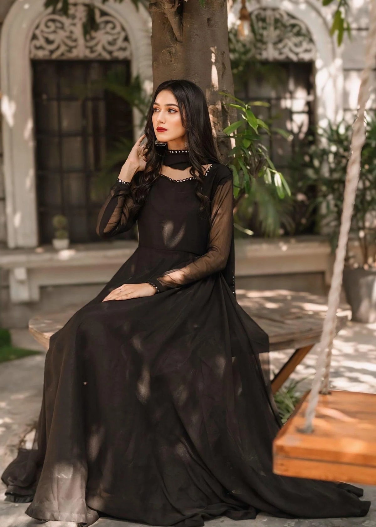 Charag Black Chiffon Anarkali Frock with Dupatta