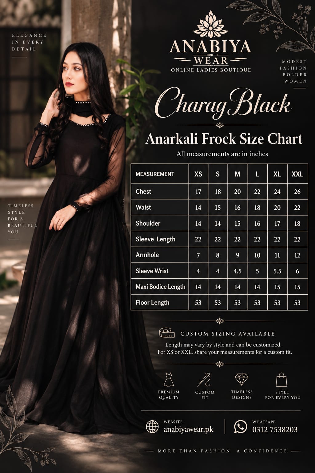 Charag Black Chiffon Anarkali Frock with Dupatta