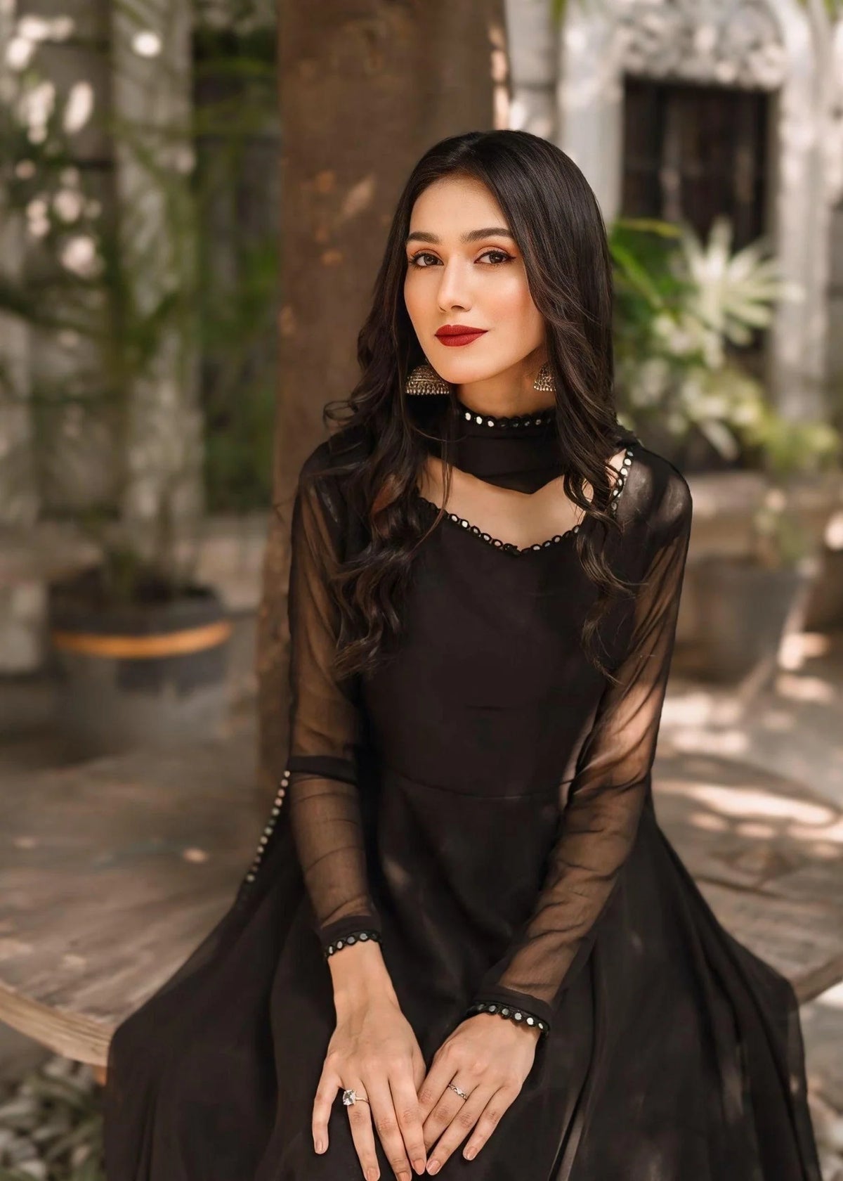 Charag Black Chiffon Anarkali Frock with Dupatta