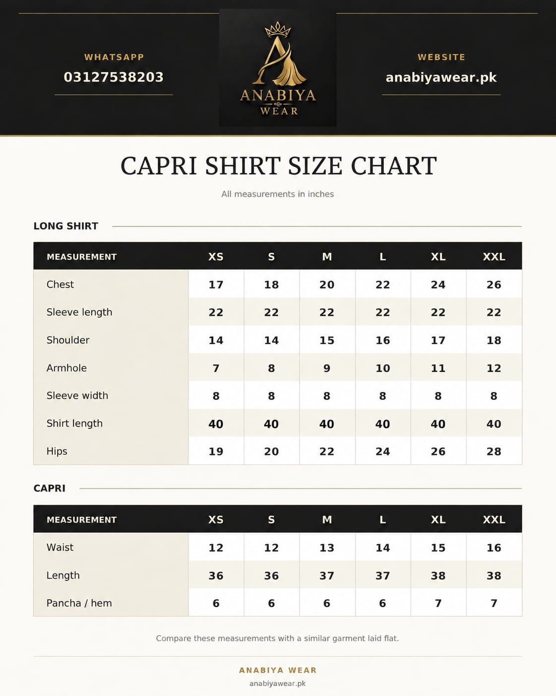 Rose Mist capri shirt size chart with XS to XXL measurements