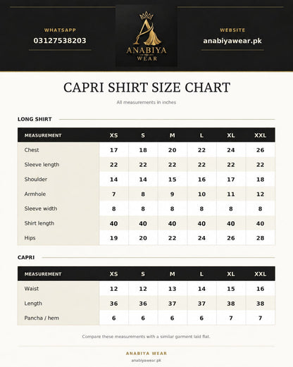 Rose Mist capri shirt size chart with XS to XXL measurements