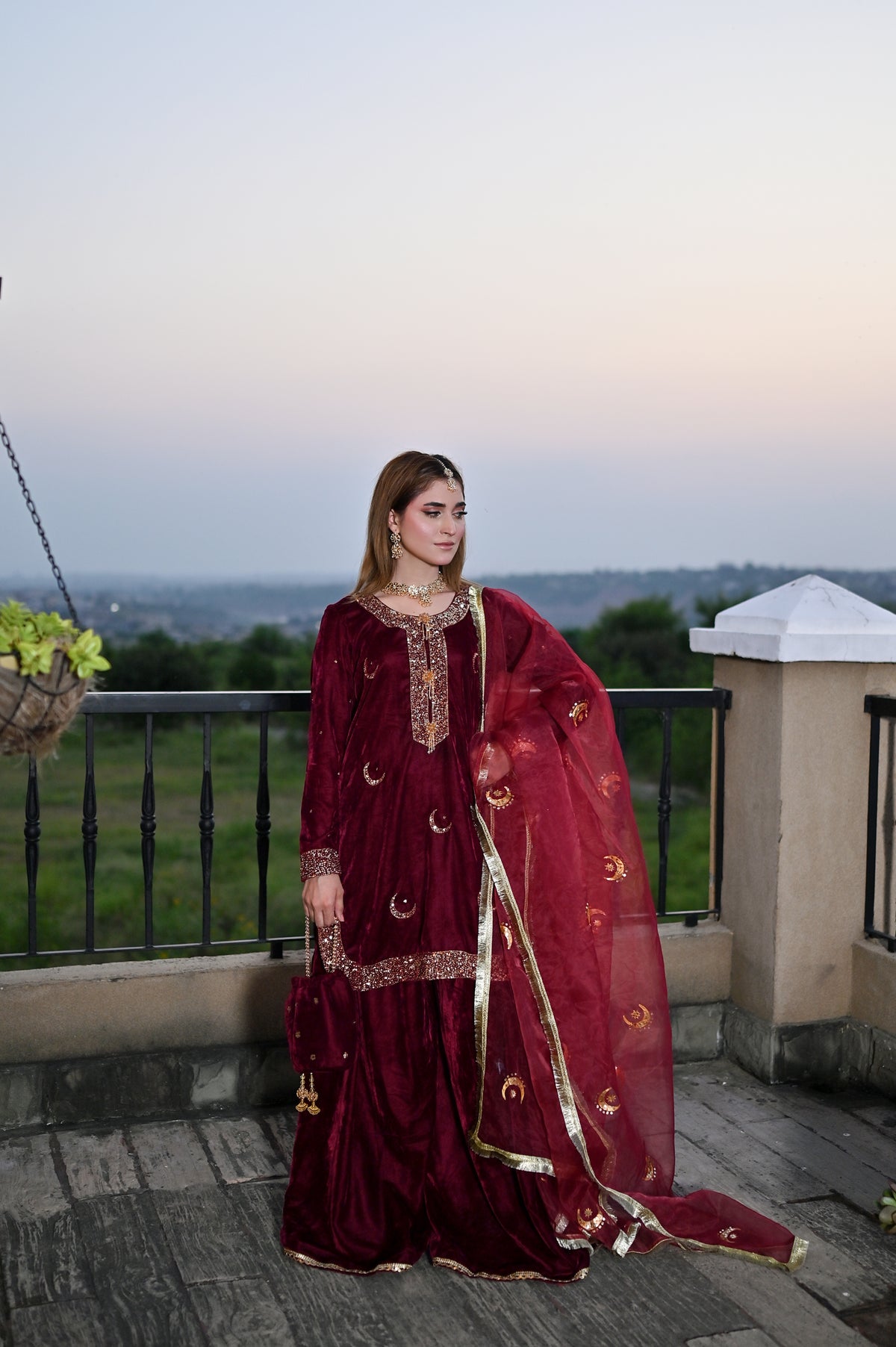 Golden Qamar Velvet Palazzo Set – Handmade Cutdana Work