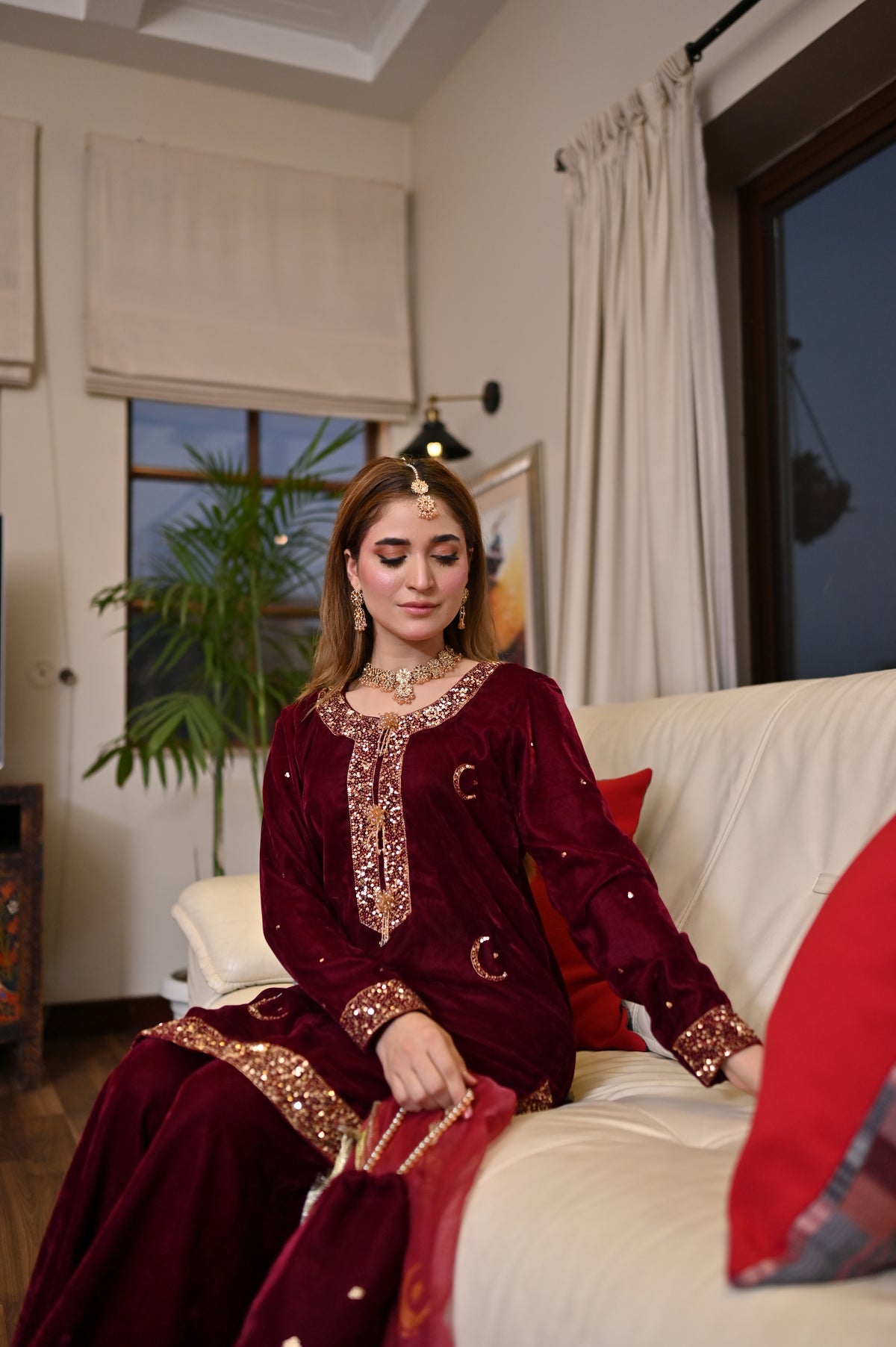 Golden Qamar Velvet Palazzo Set – Handmade Cutdana Work