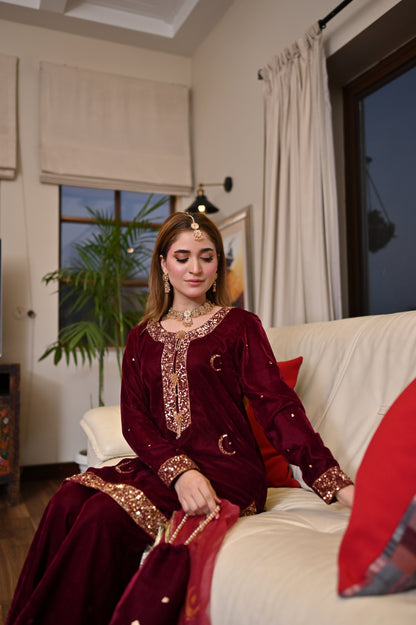 Golden Qamar Velvet Palazzo Set – Handmade Cutdana Work