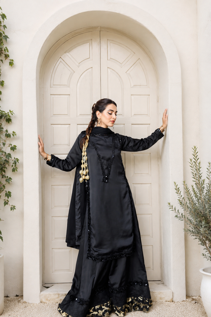Elara black embroidered silk shirt with flowing wide-leg trousers - front pose | Anabiyawear