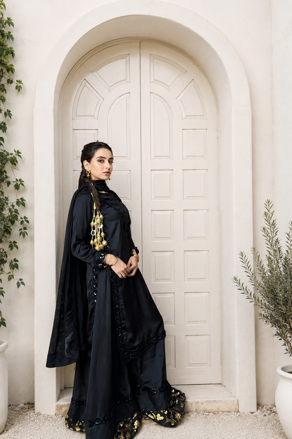 Elara black silk occasion wear with embroidered sleeves and matching dupatta | Anabiyawear