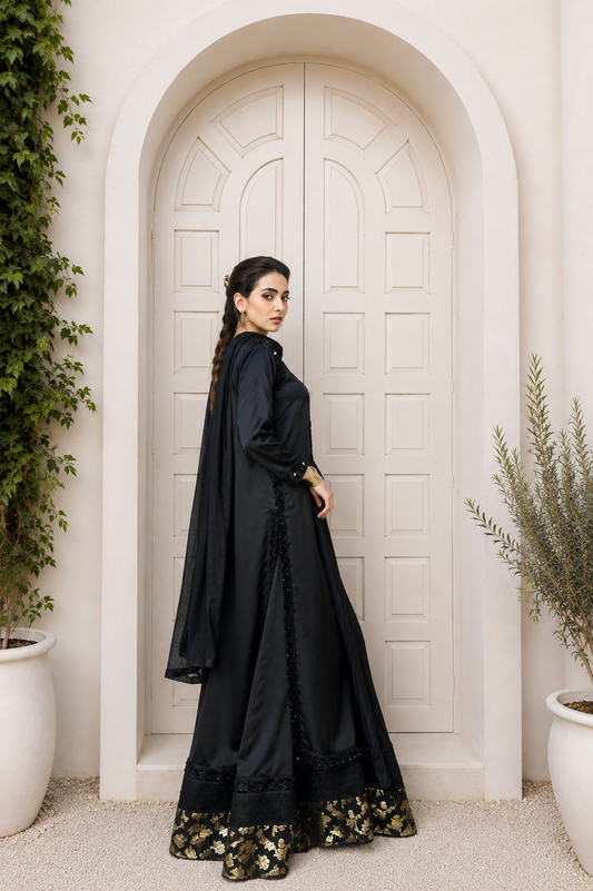 Elara black embroidered silk outfit with detailed hem - elegant side view | Anabiyawear