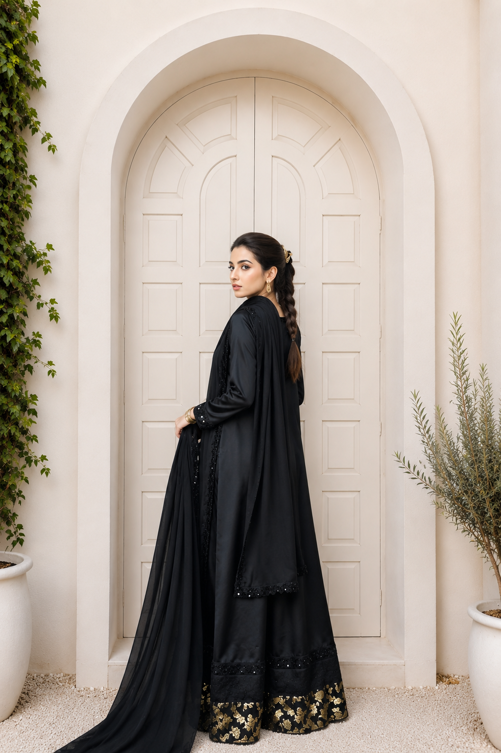 Elara black formal silk suit with long flowing dupatta and embellished hem | Anabiyawear
