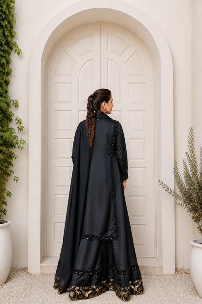 Elara black silk embroidered 3 piece suit with detailed back design | Anabiyawear