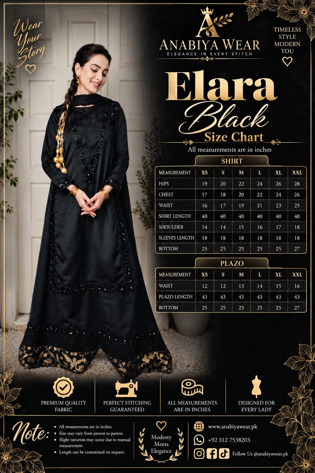 Elara Black palazzo suit size chart with XS to XXL measurements