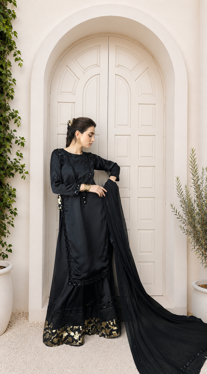 Elara black silk formal dress with flowing dupatta and embroidered trousers | Anabiyawear