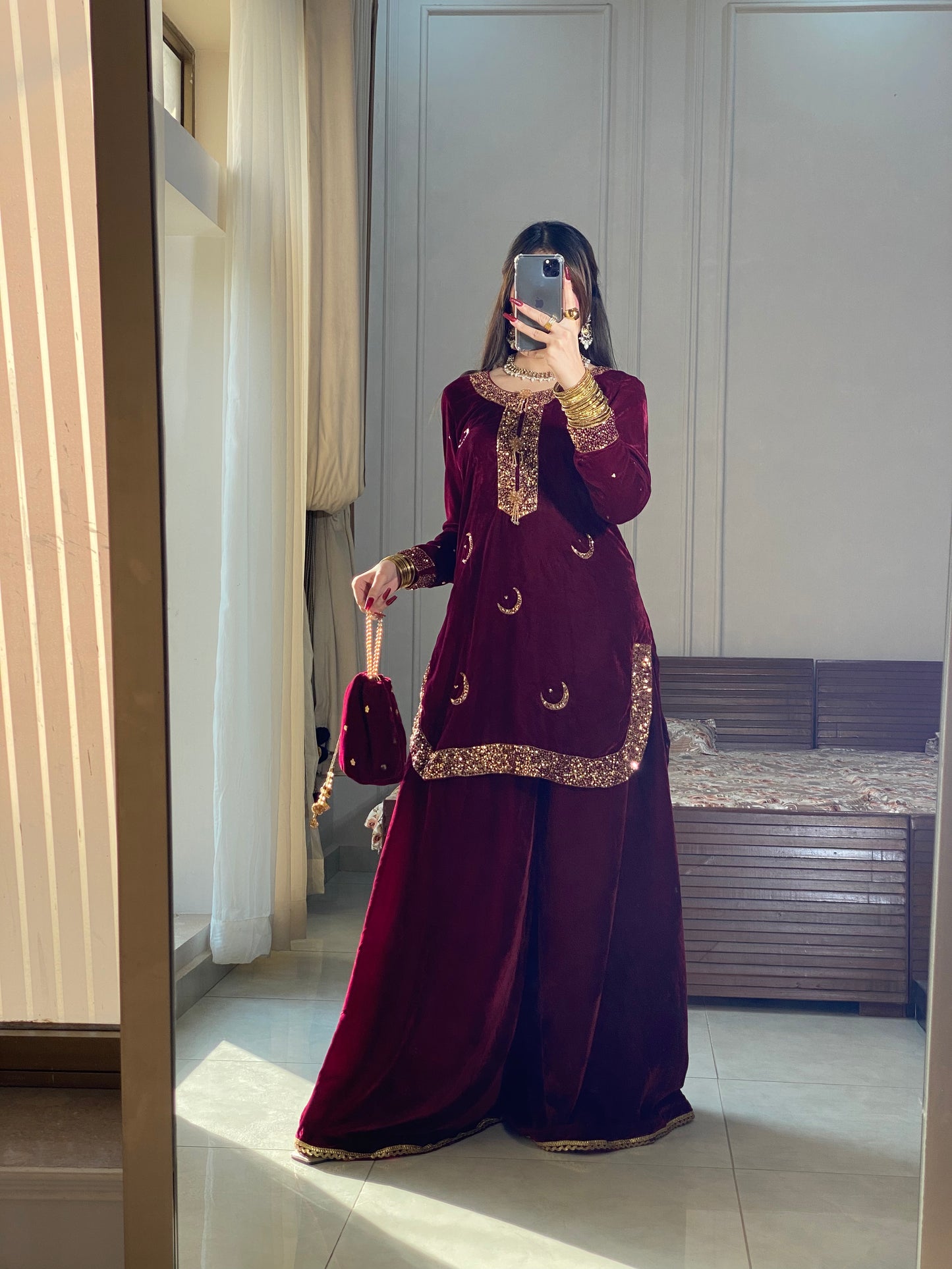 Golden Qamar Velvet Palazzo Set – Handmade Cutdana Work