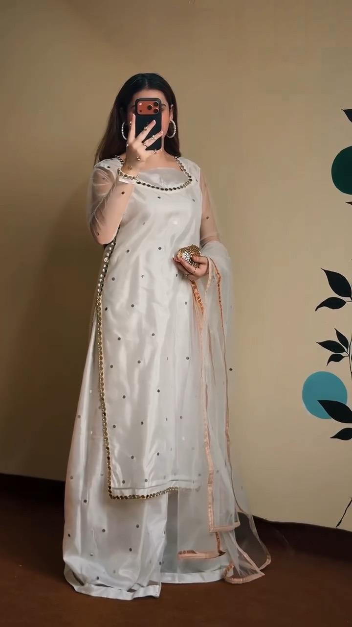 Jugnoo white organza dress with mirror lace neckline and daman – front side view