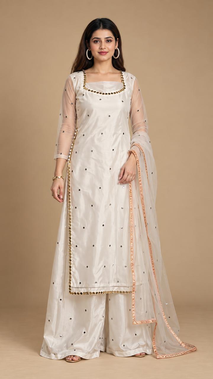 Jugnoo white organza dress with shesha mirror lace by Anabiyawear