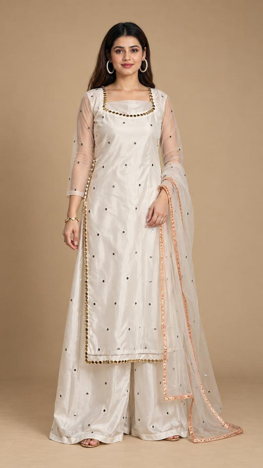 Jugnoo white organza dress with shesha mirror lace by Anabiyawear