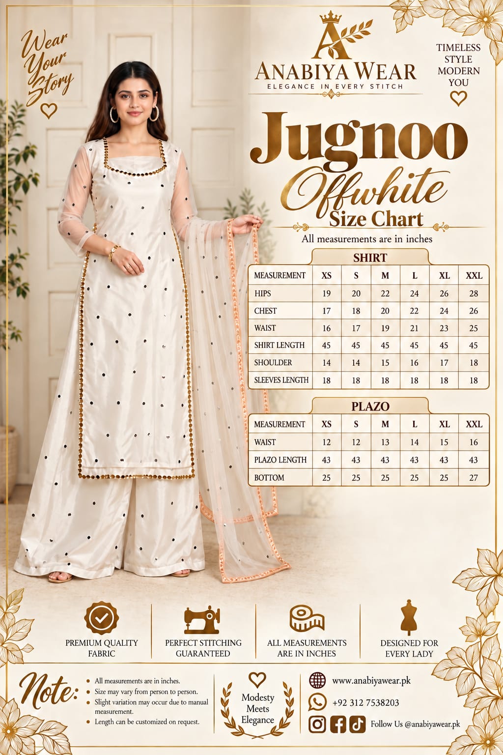 Jugnoo white organza dress size chart with XS to XXL measurements
