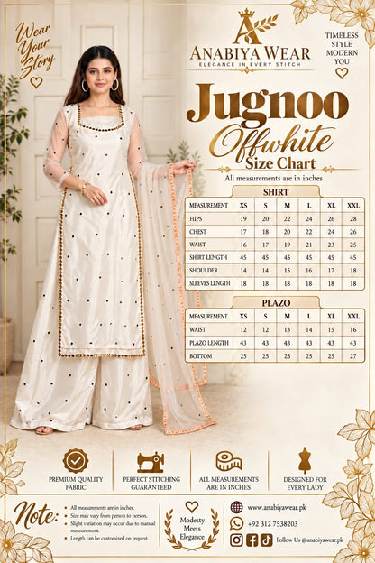 Jugnoo white organza dress size chart with XS to XXL measurements