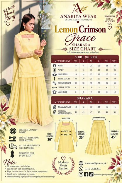 Crimson Grace – Lemon Chiffon 3 Piece Sharara Set