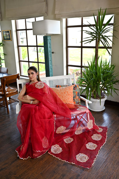 Laal Naz red organza saree seated with flowing sheer pallu and floral applique border