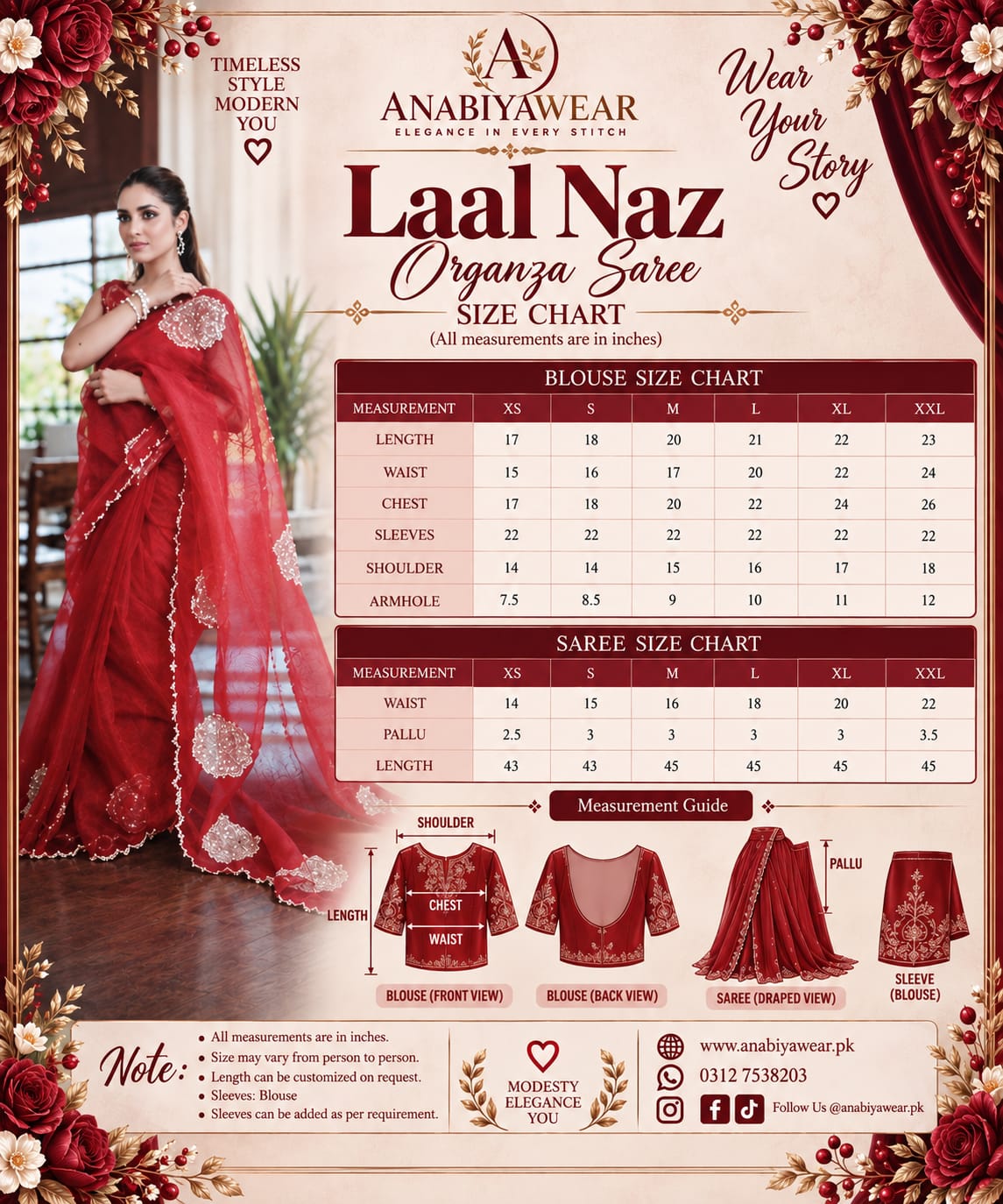 Laal Naz red organza saree blouse and saree measurement size chart