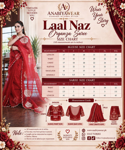 Laal Naz red organza saree blouse and saree measurement size chart