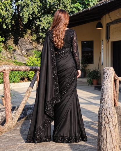 Moonlight Black Silk Saree with High Neck Blouse