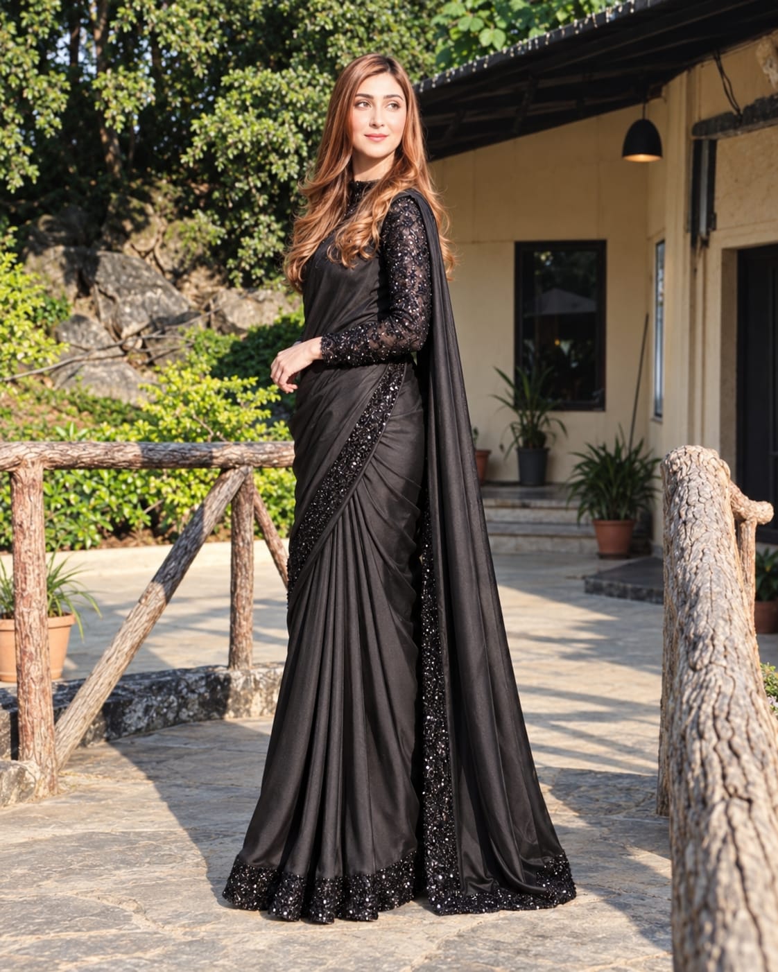 Moonlight Black Silk Saree with High Neck Blouse