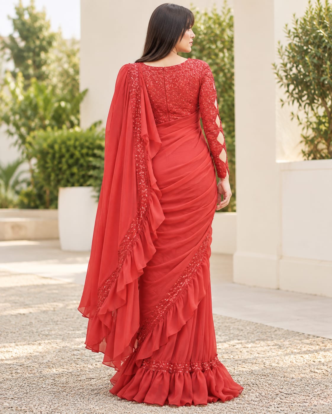 Moonlight Pro Red Silk Ruffle Saree with Sequin Blouse