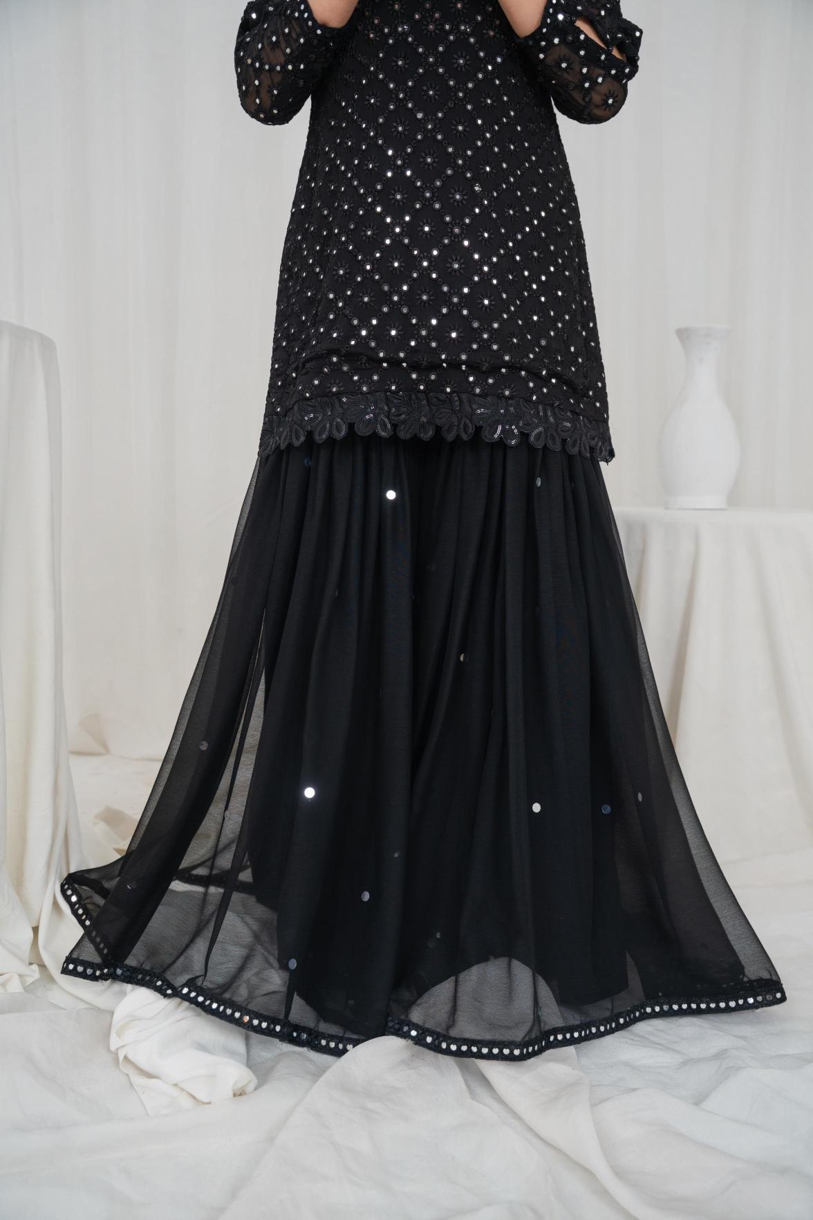 Black Gulab – Embroidered Chiffon 3PC Gharara Set