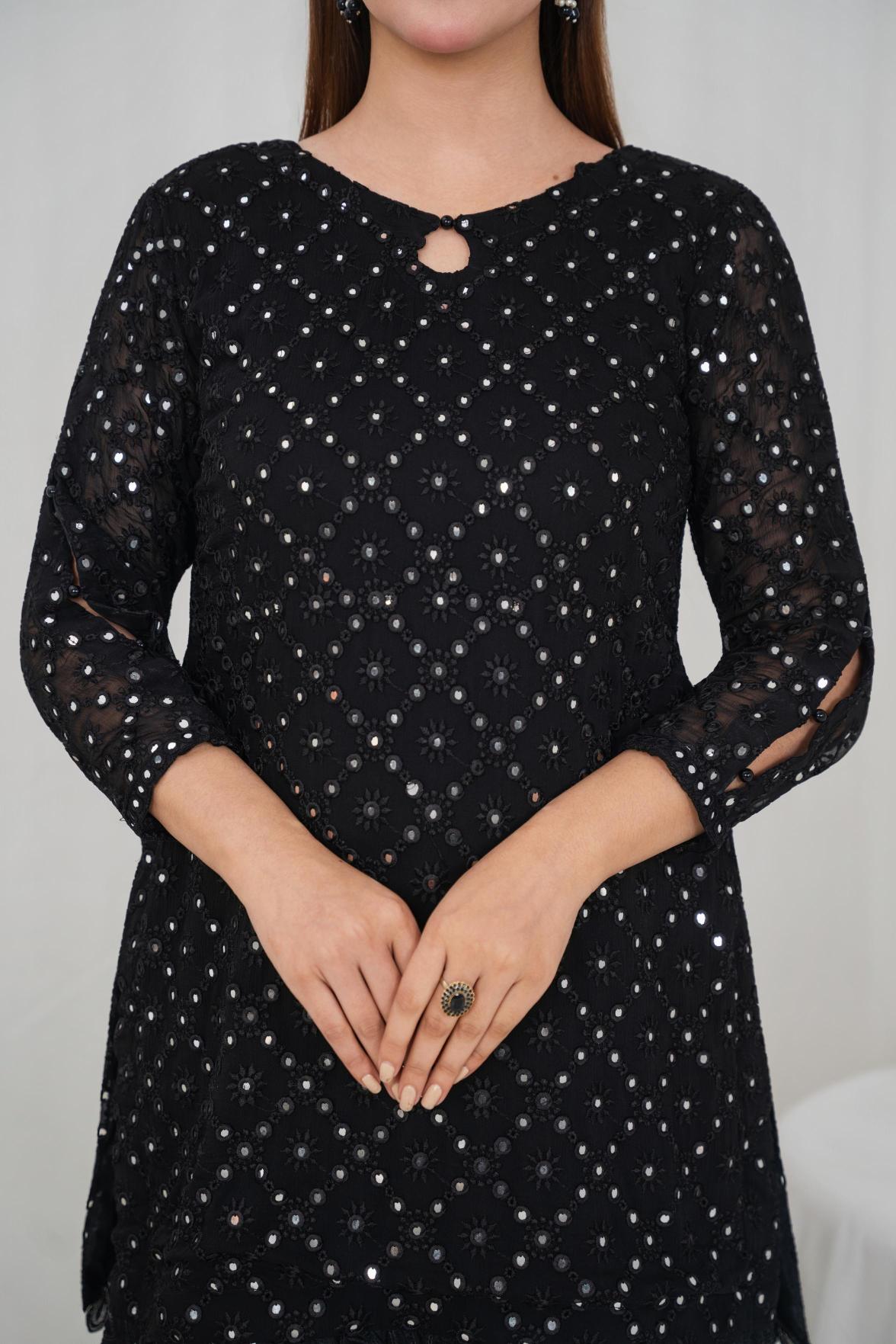 Black Gulab – Embroidered Chiffon 3PC Gharara Set