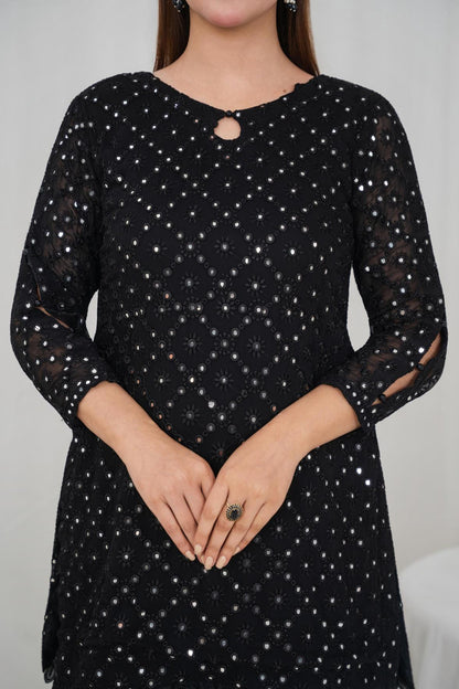 Black Gulab – Embroidered Chiffon 3PC Gharara Set