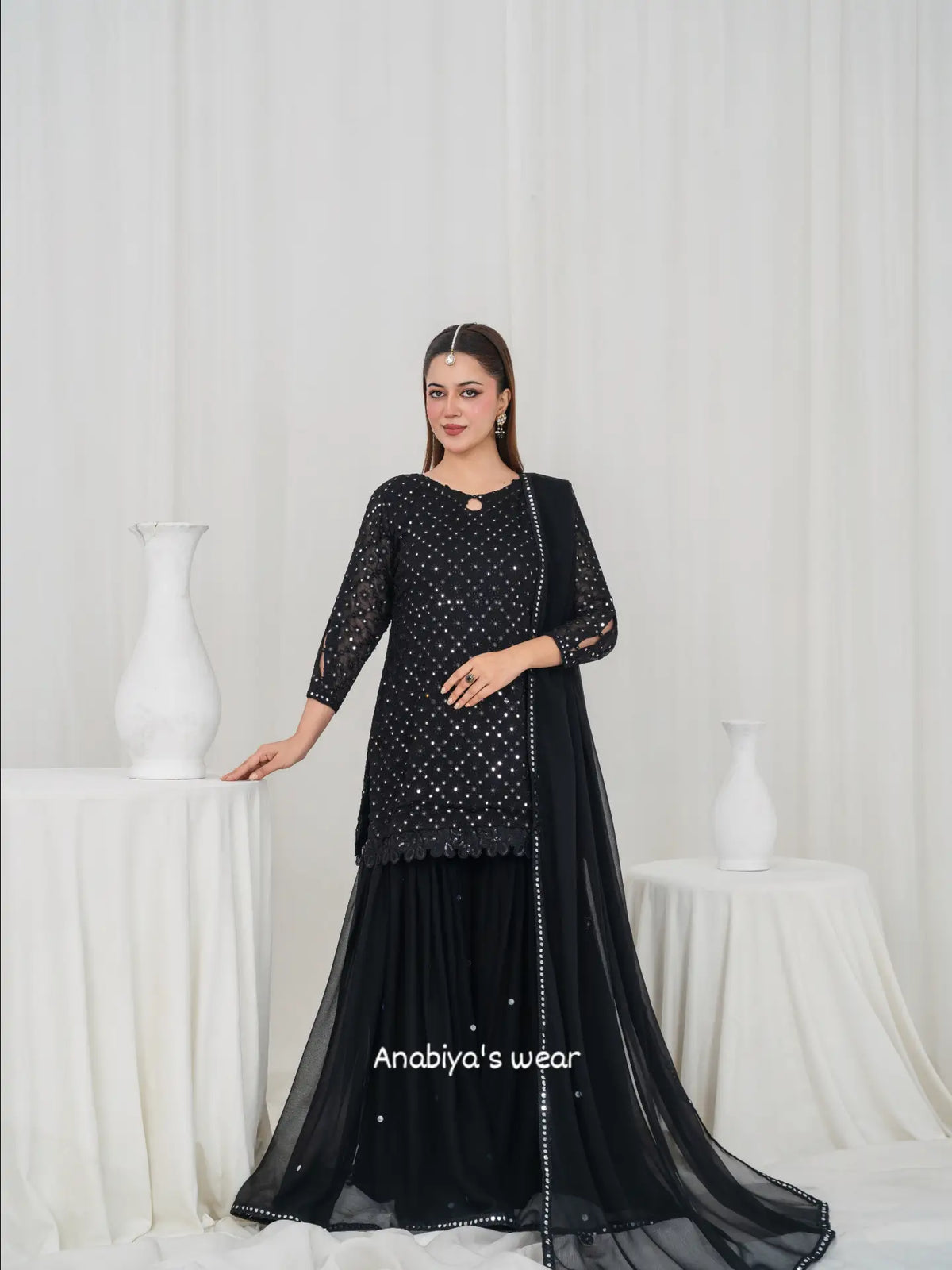 Black Gulab – Embroidered Chiffon 3PC Gharara Set