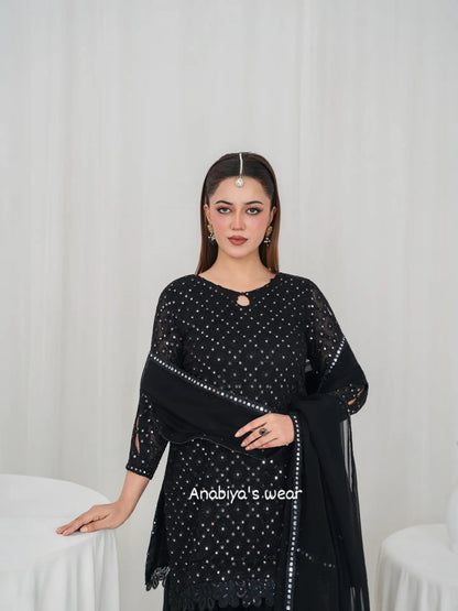 Black Gulab – Embroidered Chiffon 3PC Gharara Set