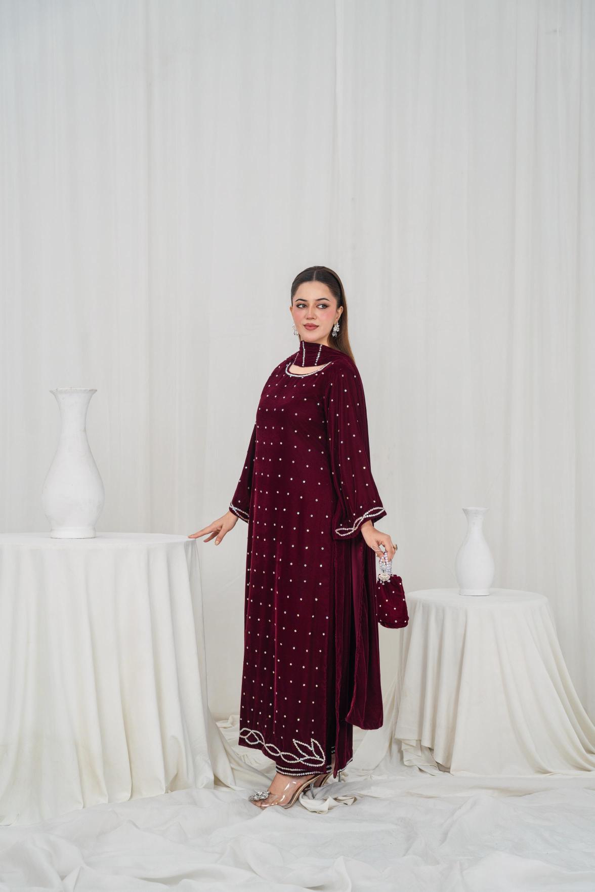Ghazal Micro Velvet Crystal Stone 3-Piece Suit