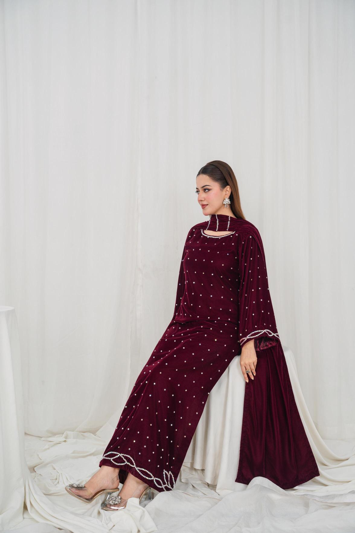 Ghazal Micro Velvet Crystal Stone 3-Piece Suit