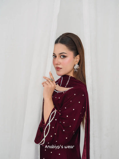 Ghazal Micro Velvet Crystal Stone 3-Piece Suit