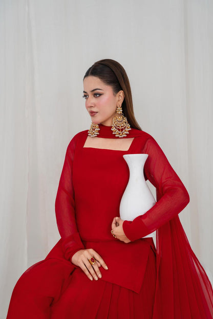 Crimson Grace Red – Chiffon 3PC Sharara Set