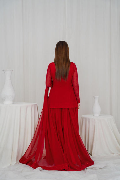 Crimson Grace Red – Chiffon 3PC Sharara Set