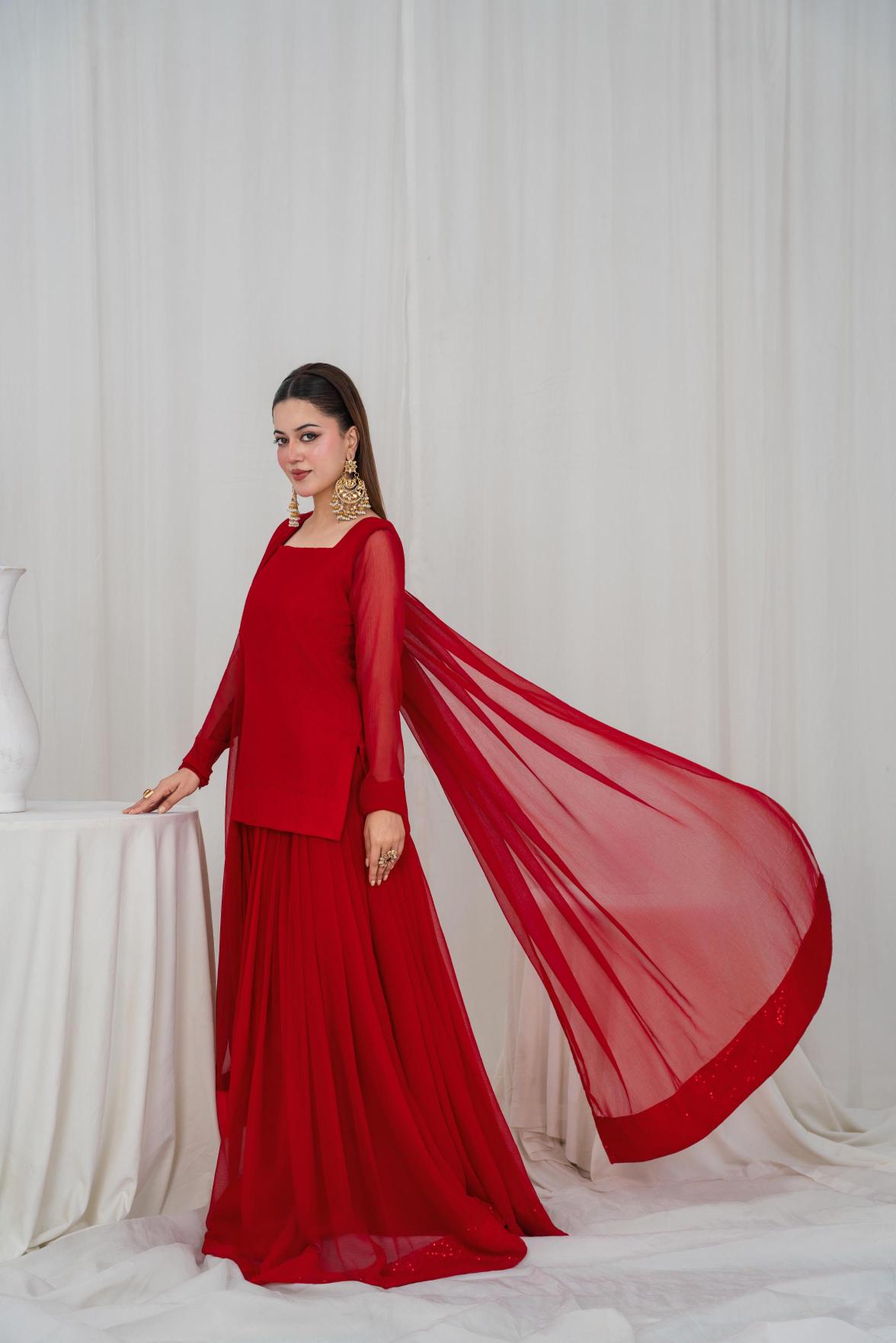 Crimson Grace Red – Chiffon 3PC Sharara Set