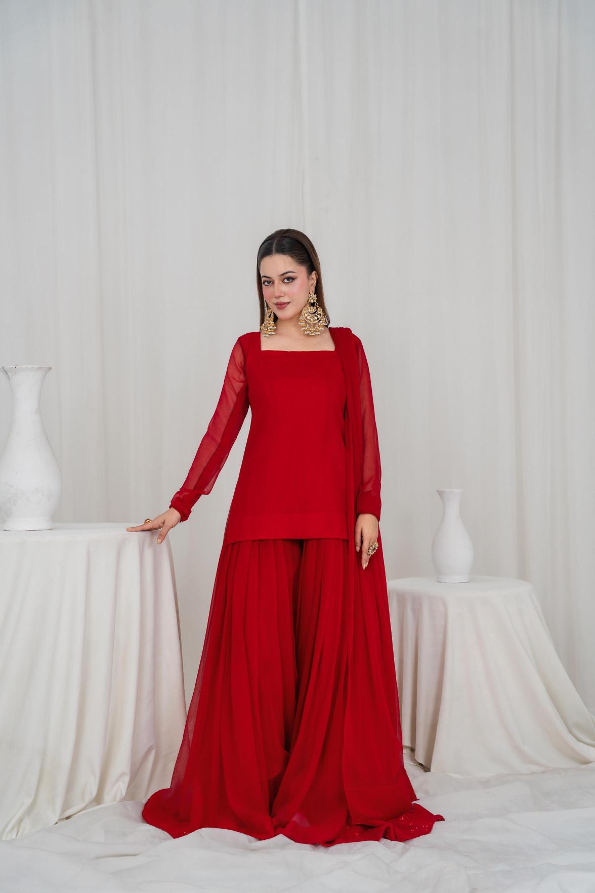 Crimson Grace Red – Chiffon 3PC Sharara Set