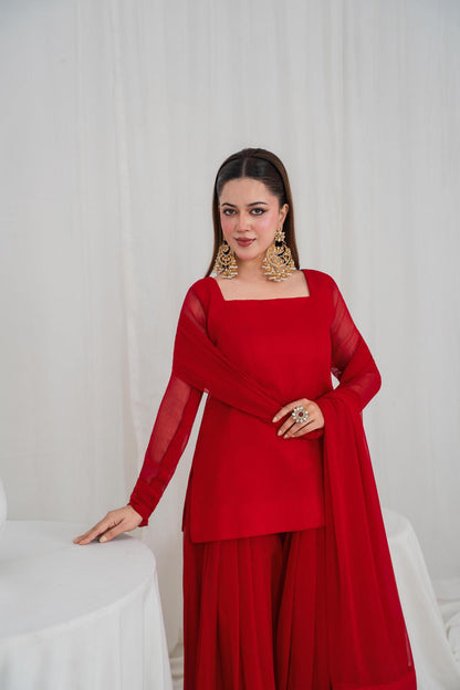 Crimson Grace Red – Chiffon 3PC Sharara Set