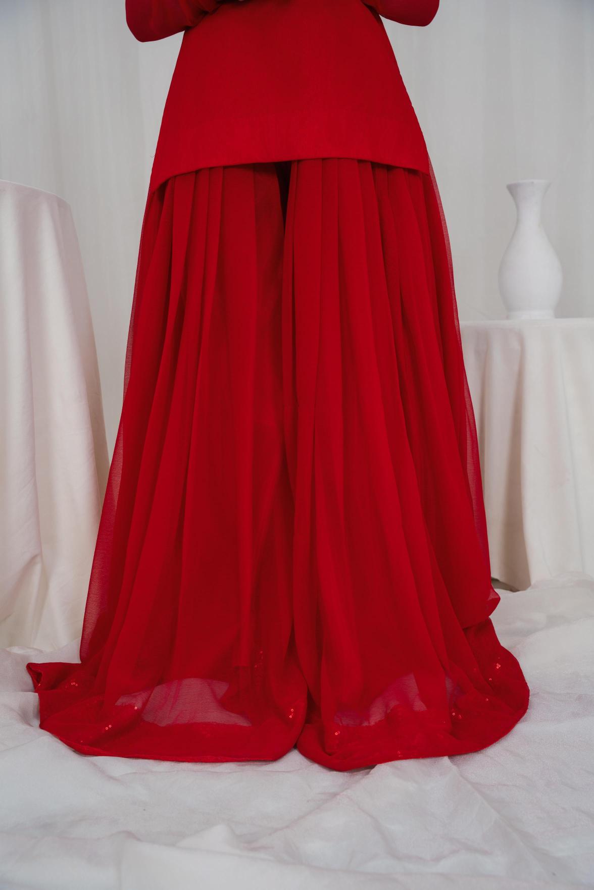 Crimson Grace Red – Chiffon 3PC Sharara Set