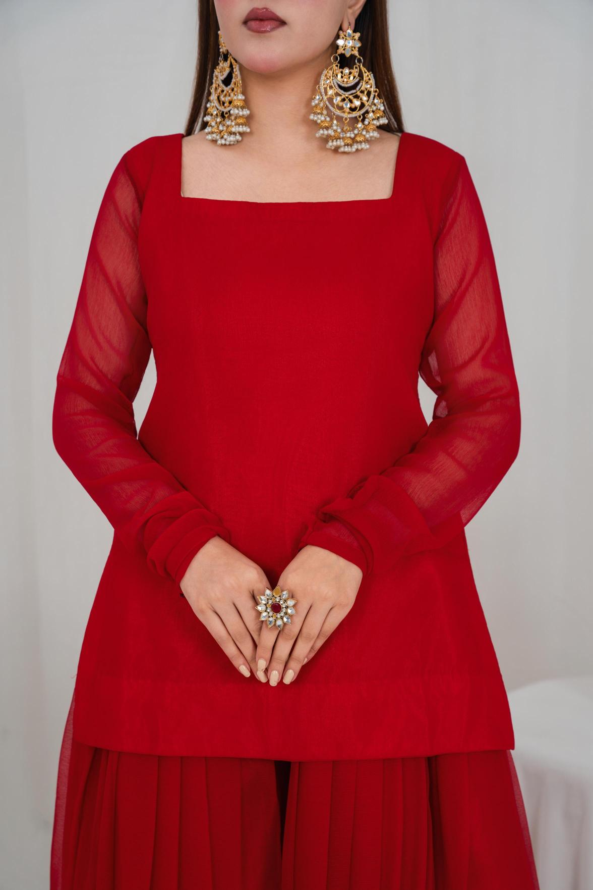 Crimson Grace Red – Chiffon 3PC Sharara Set