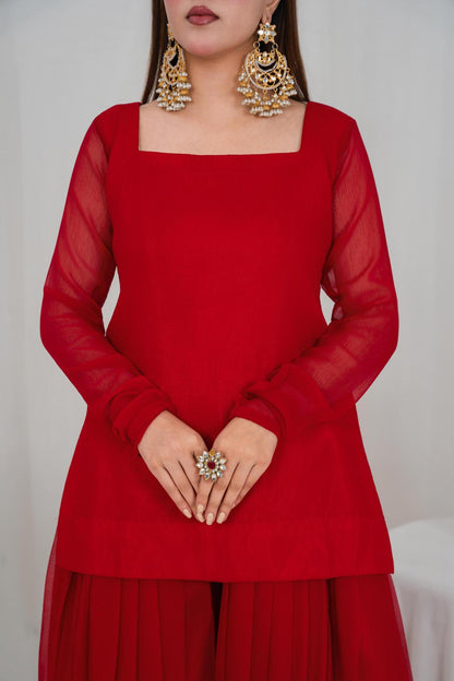 Crimson Grace Red – Chiffon 3PC Sharara Set