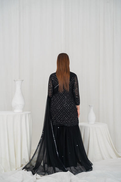 Black Gulab – Embroidered Chiffon 3PC Gharara Set