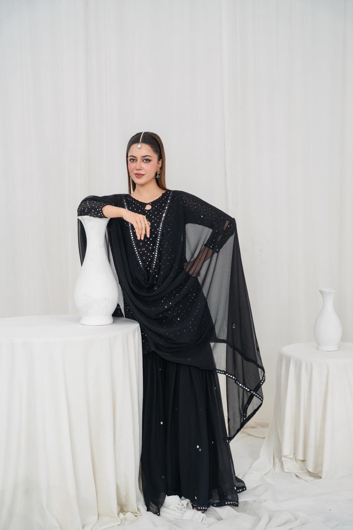 Black Gulab – Embroidered Chiffon 3PC Gharara Set